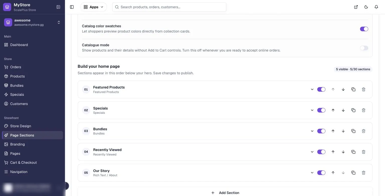 MyStore.gg Customize Your Store Sections tab showing catalog layout toggles and a Build your home page list of 5 sections: Featured Products, Specials, Bundles, Recently Viewed and Our Story