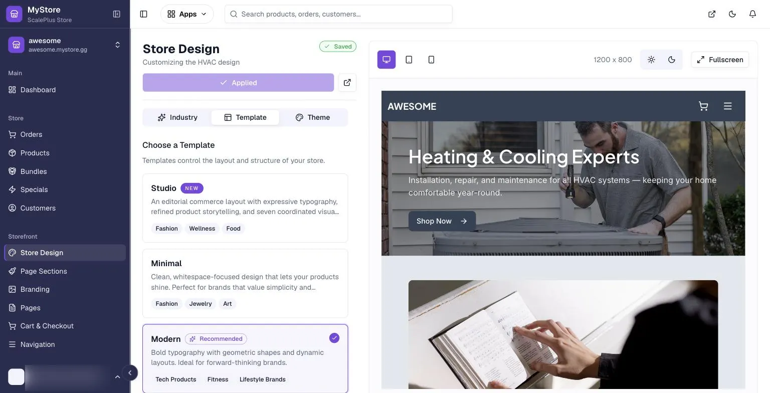 MyStore.gg Store Design Template tab listing Studio, Minimal and Modern templates beside a live desktop preview of an HVAC storefront